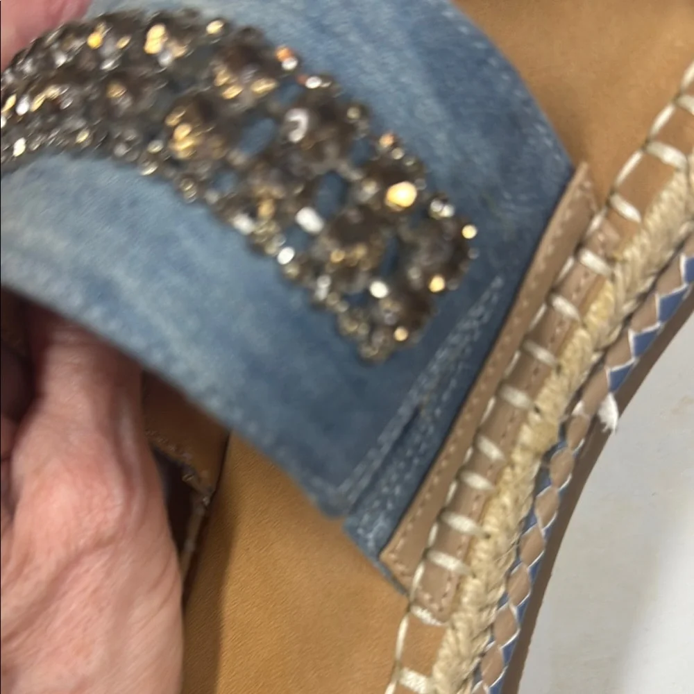Crown Vintage Denim Blue and Tan Sandals with Studded Jeweled Straps Sz 9